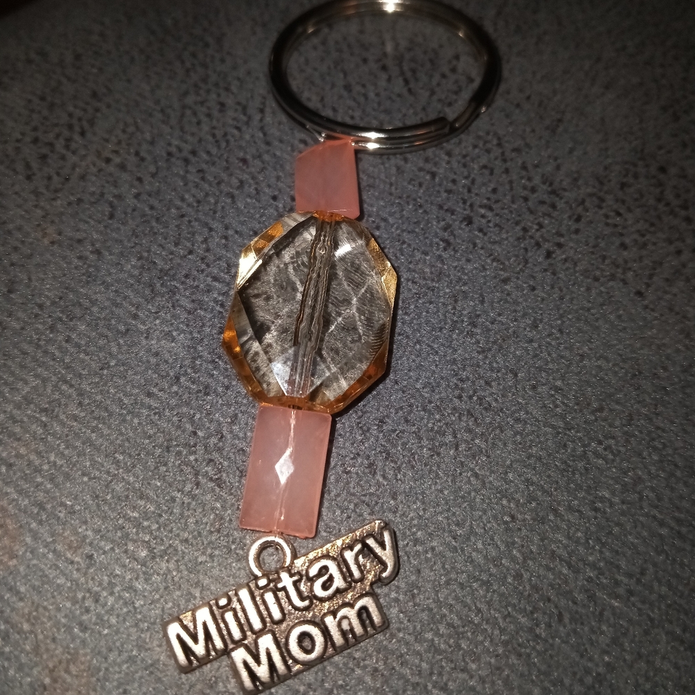HAND CRAFTED Military mom silver plated crystal Keychain key ring pink